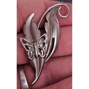 Stunning Vintage Lang 925 Sterling Silver Butterfly On Leaf Brooch Sky